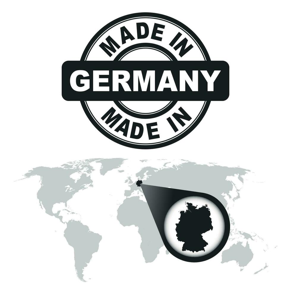 Made in Germany stamp. World map with zoom on country. Vector emblem in flat style on white background.