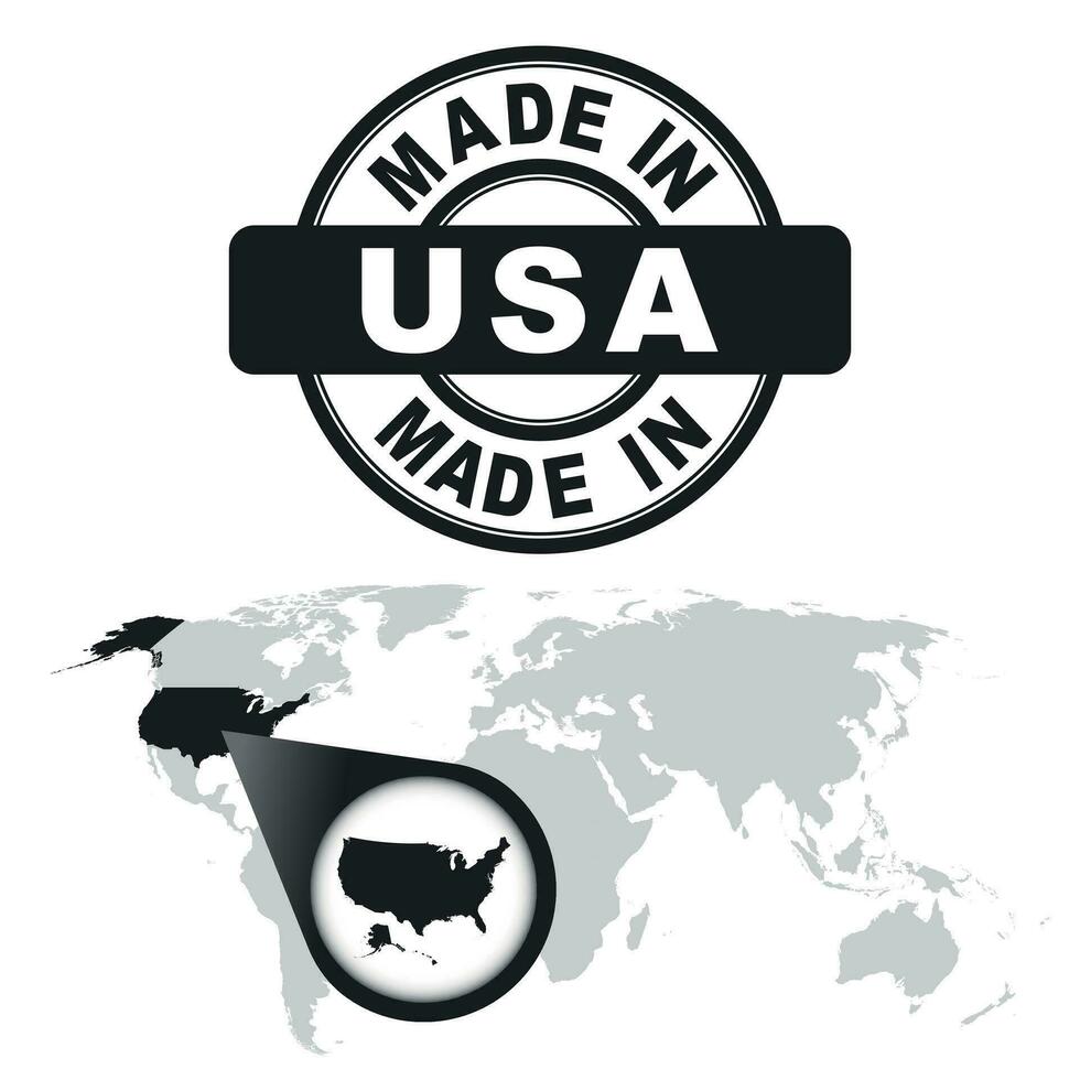 Made in USA, America stamp. World map with zoom on country. Vector emblem in flat style on white background.