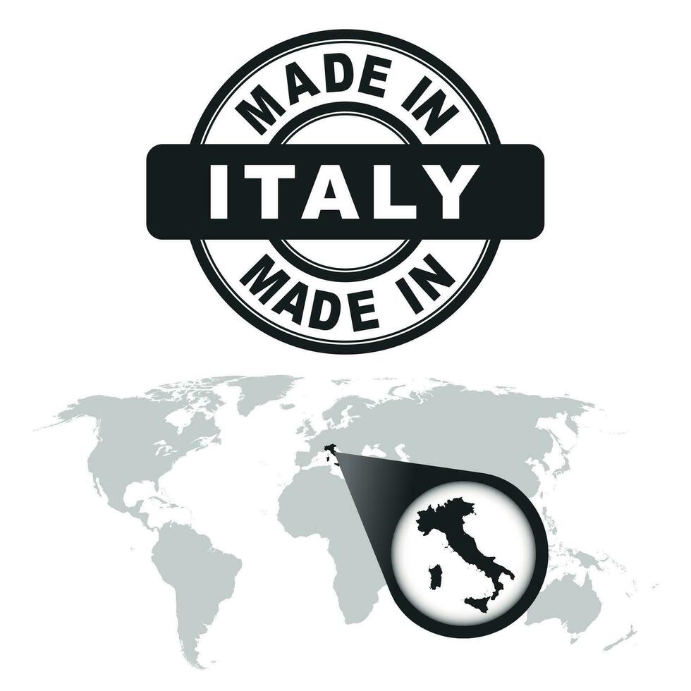 hecho en Italia estampilla. mundo mapa con enfocar en país. vector emblema en plano estilo en blanco antecedentes.