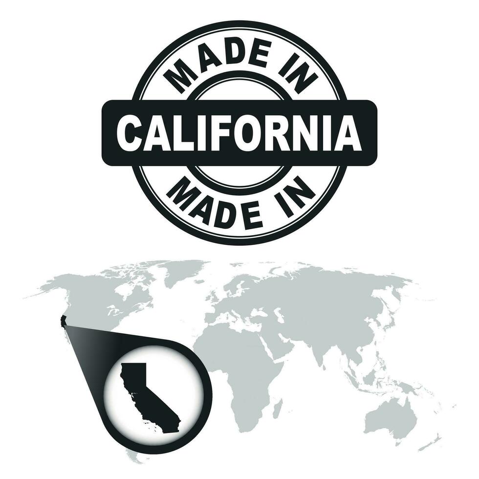 hecho en California, America, Estados Unidos estampilla. mundo mapa con enfocar en país. vector emblema en plano estilo en blanco antecedentes.