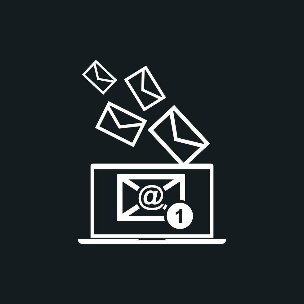 Email message on laptop. Vector illustration in flat style on black background.
