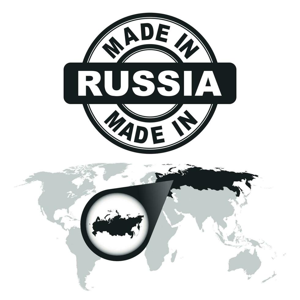 Made in Russia stamp. World map with red country. Vector emblem in flat style on isolated background.