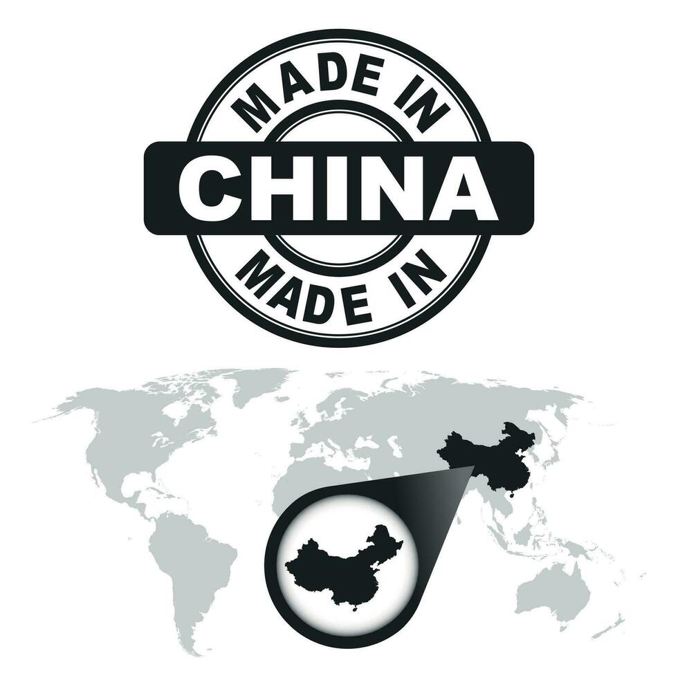 Made in China stamp. World map with zoom on country. Vector emblem in flat style on white background.