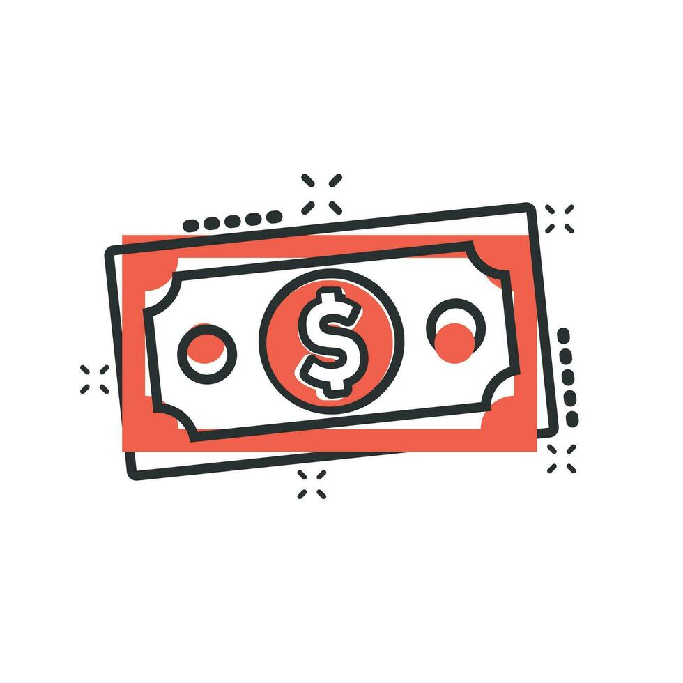 Dollar currency banknote icon in comic style. Dollar cash vector cartoon illustration pictogram. Banknote bill business concept splash effect.