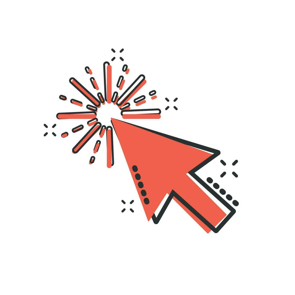 Computer mouse cursor icon in comic style. Arrow cursor vector cartoon illustration pictogram. Mouse aim business concept splash effect.
