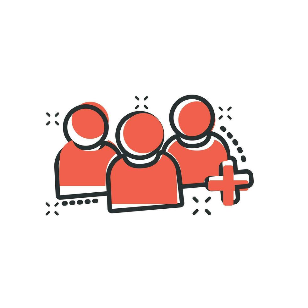 People communication user profile icon in comic style. People with plus sign vector cartoon illustration pictogram. Partnership business concept splash effect.