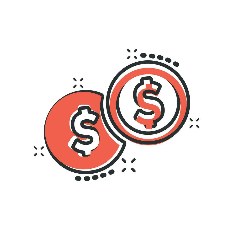 Coins stack icon in comic style. Dollar coin vector cartoon illustration pictogram. Money stacked business concept splash effect.