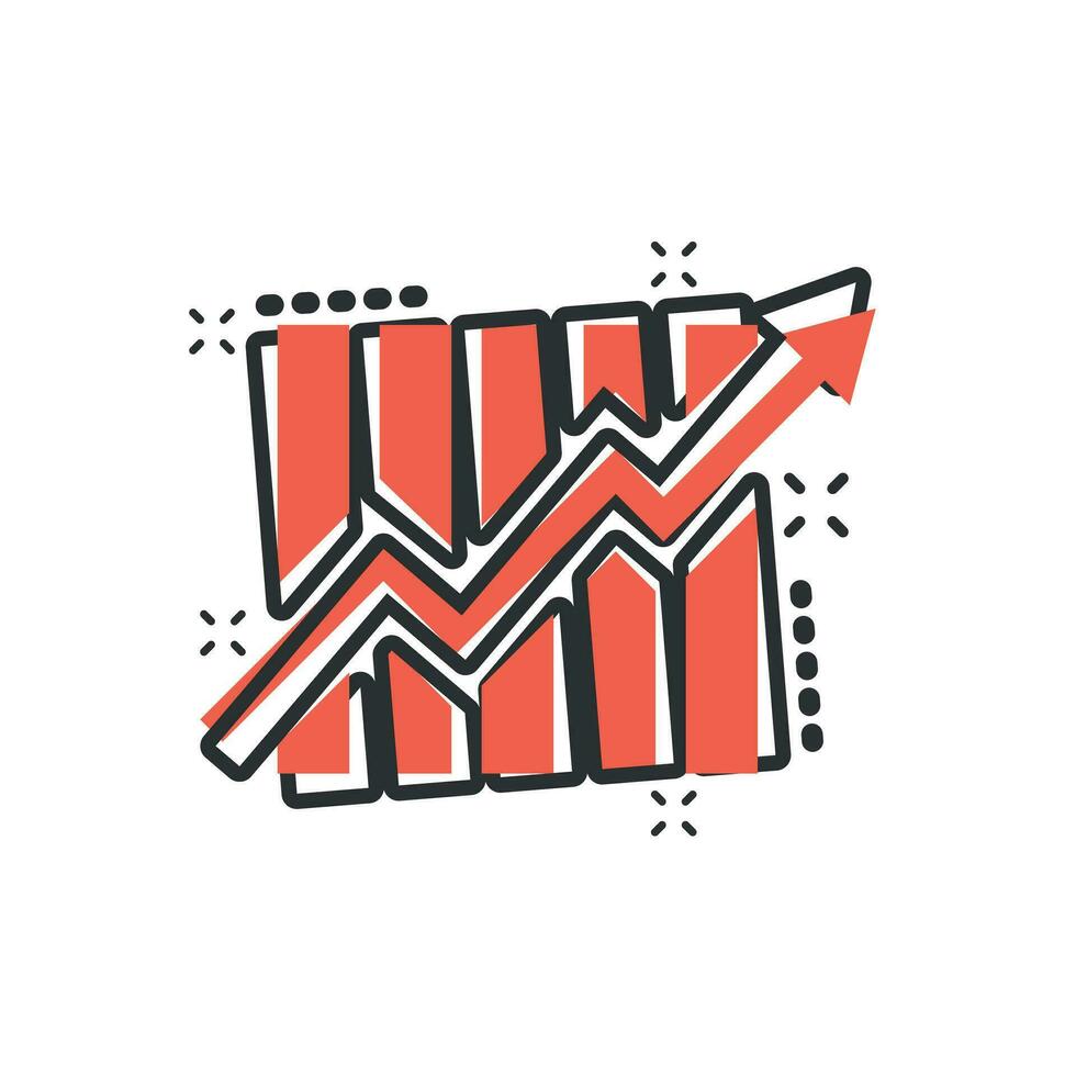 Growing bar graph icon in comic style. Increase arrow vector cartoon illustration pictogram. Infographic progress business concept splash effect.