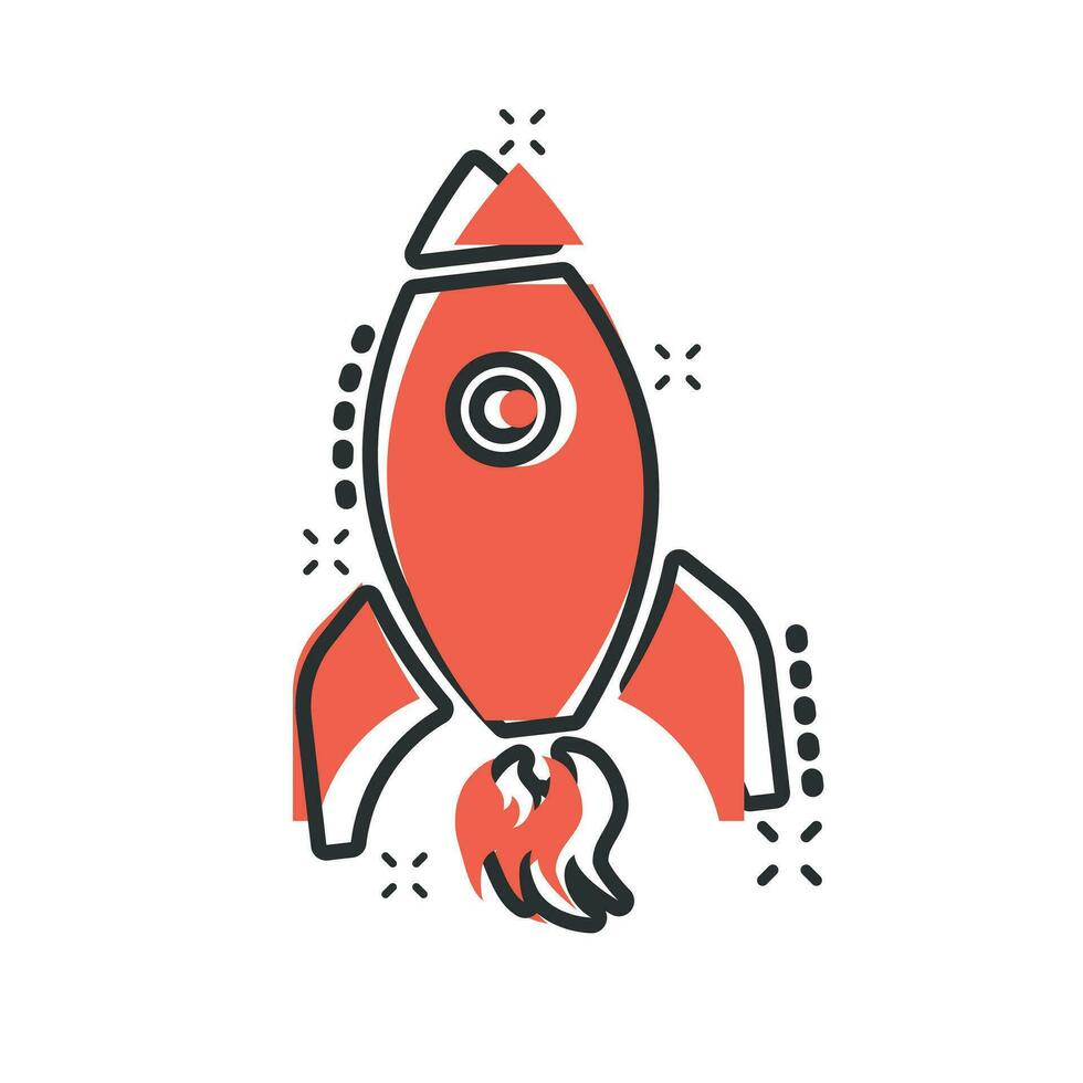 Rocket space ship icon in comic style. Spaceship vector cartoon illustration pictogram. Rocket start business concept splash effect.