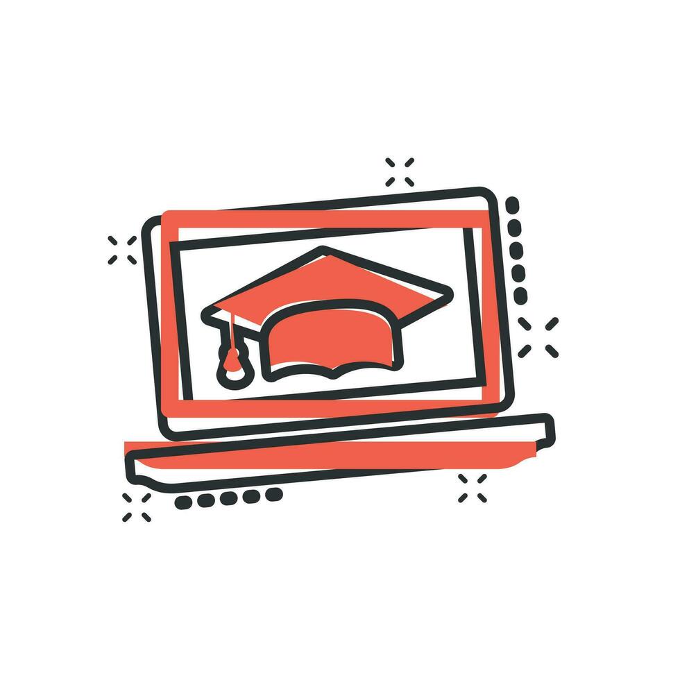 Elearning education icon in comic style. Study vector cartoon illustration pictogram. Laptop computer online training business concept splash effect.