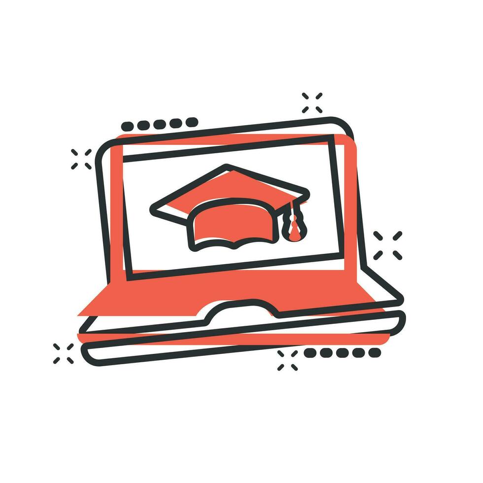 Elearning education icon in comic style. Study vector cartoon illustration pictogram. Laptop computer online training business concept splash effect.