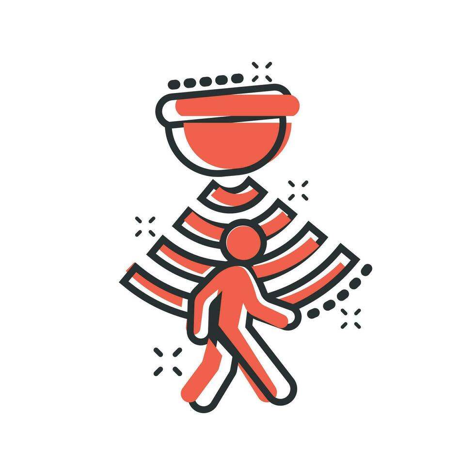 Motion sensor icon in comic style. Sensor waves with man vector cartoon