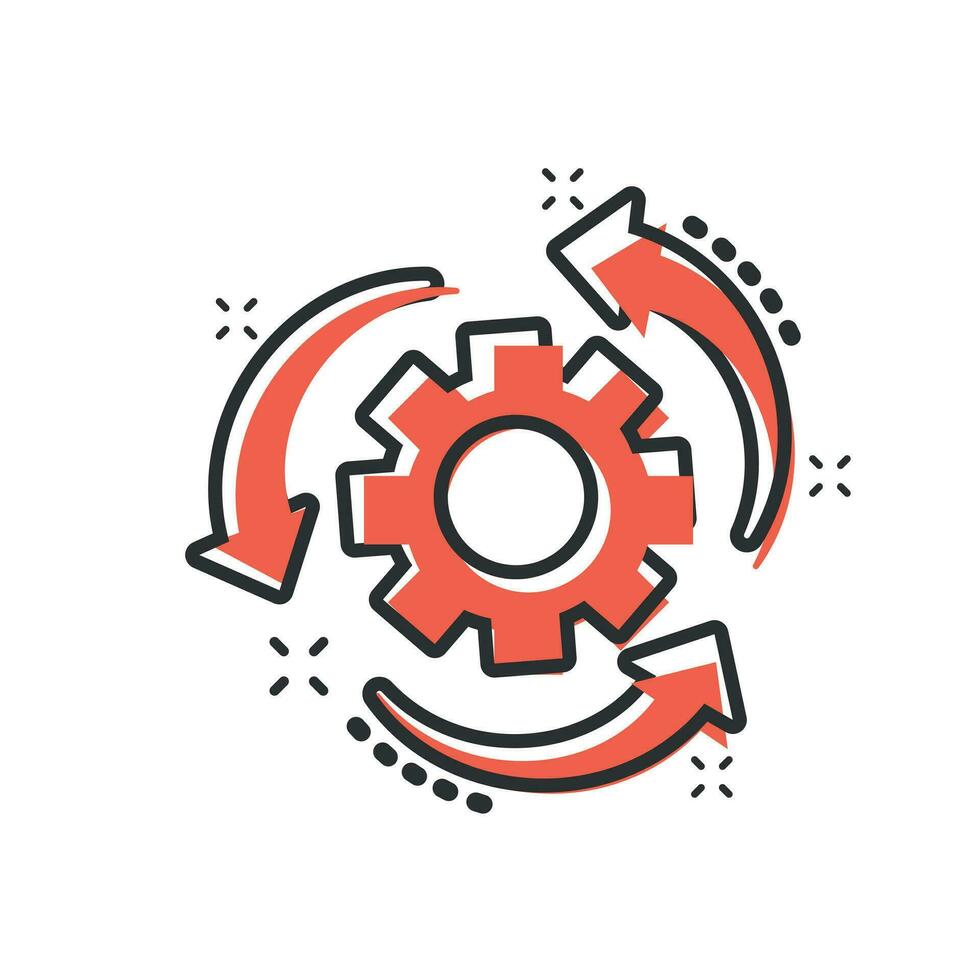 Workflow process icon in comic style. Gear cog wheel with arrows vector cartoon illustration pictogram. Workflow business concept splash effect.