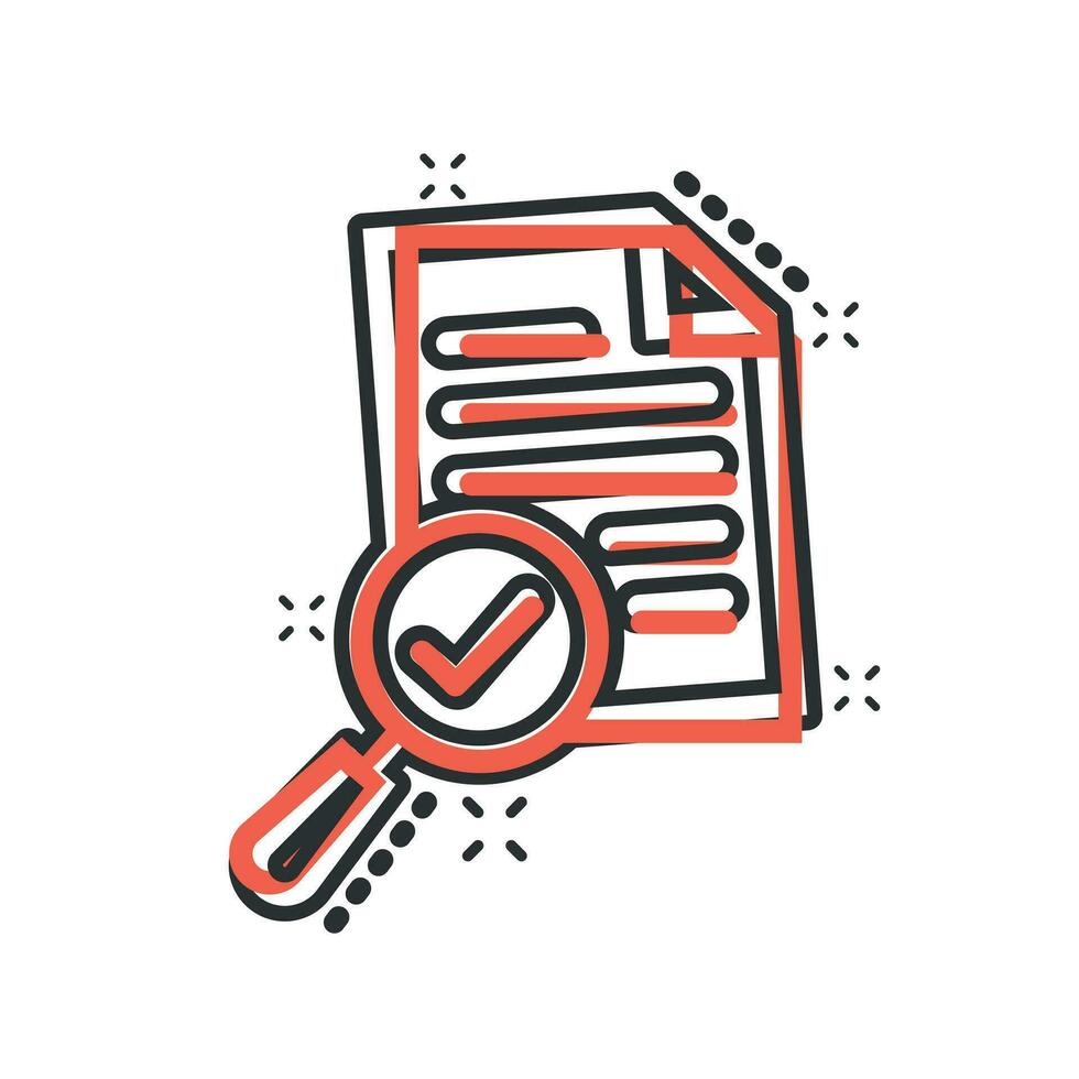 Scrutiny document plan icon in comic style. Review statement vector cartoon illustration pictogram. Document with magnifier loupe business concept splash effect.