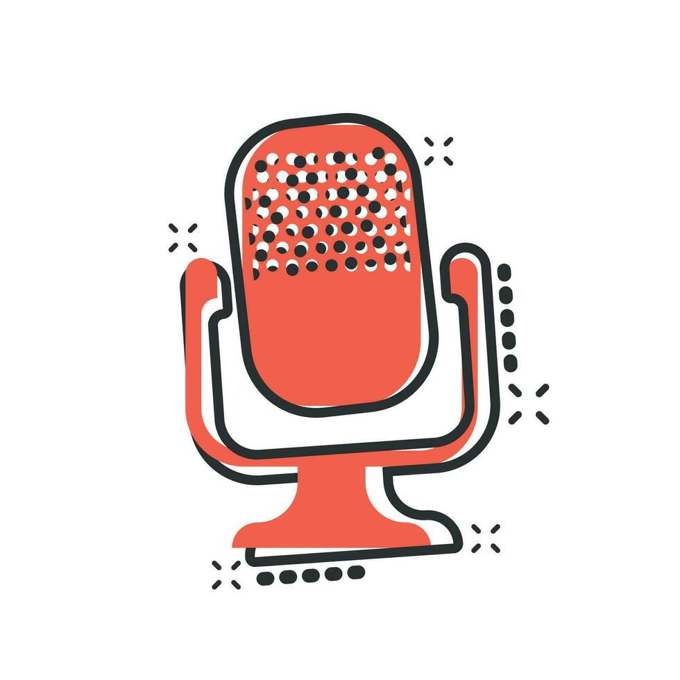 Microphone icon in comic style. Mic broadcast vector cartoon illustration pictogram. Microphone mike speech business concept splash effect.