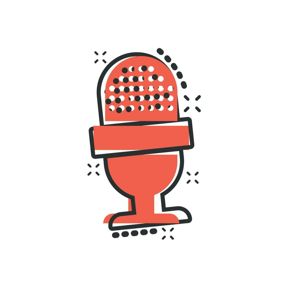 Microphone icon in comic style. Mic broadcast vector cartoon illustration pictogram. Microphone mike speech business concept splash effect.