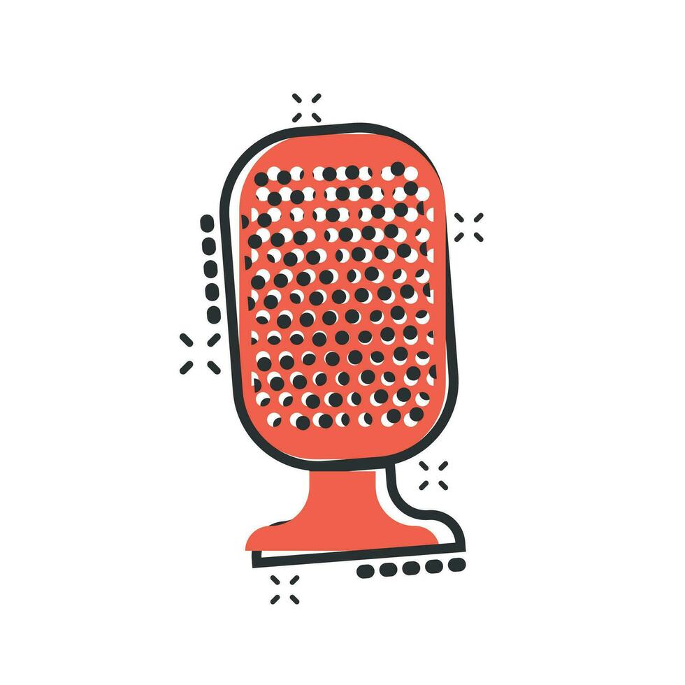 Microphone icon in comic style. Mic broadcast vector cartoon illustration pictogram. Microphone mike speech business concept splash effect.