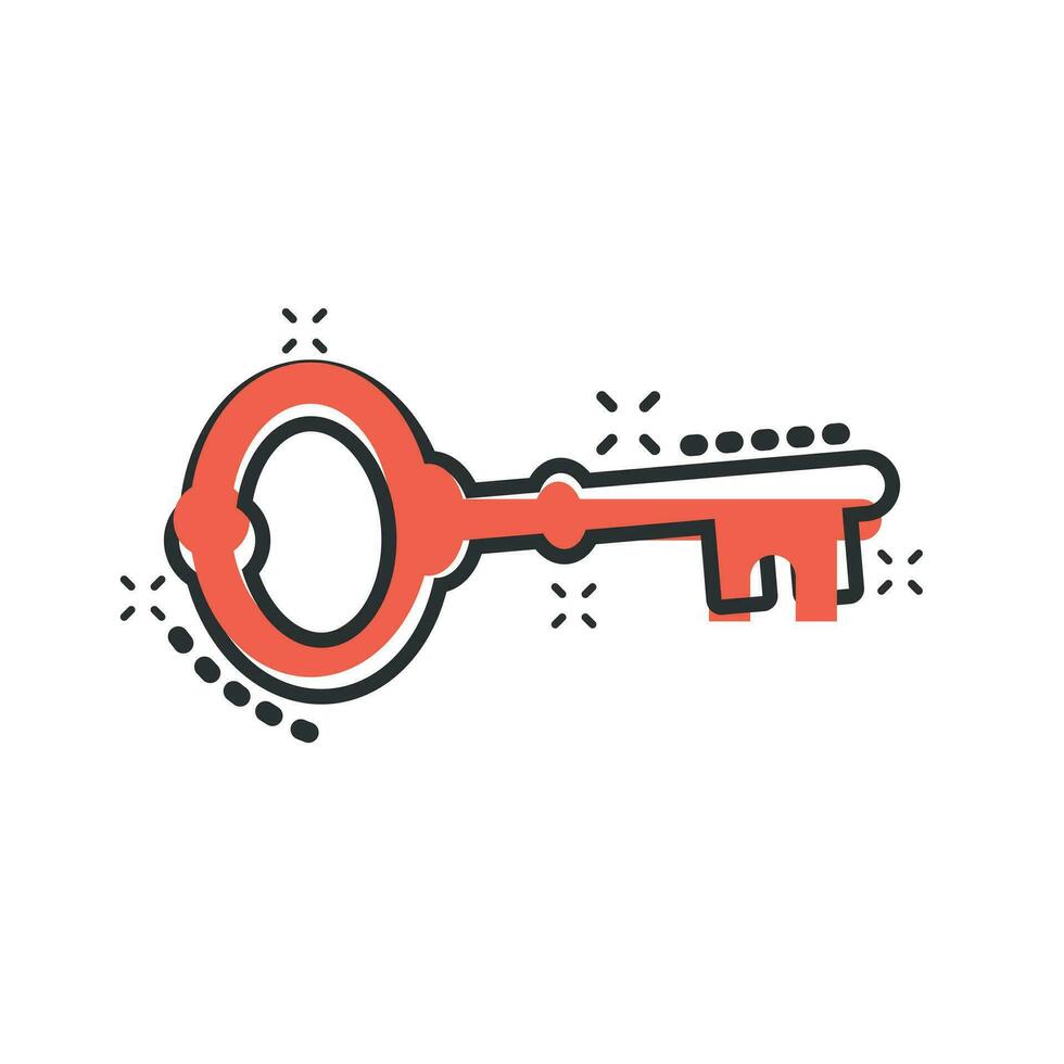 Key icon in comic style. Access login vector cartoon illustration pictogram. Password key business concept splash effect.