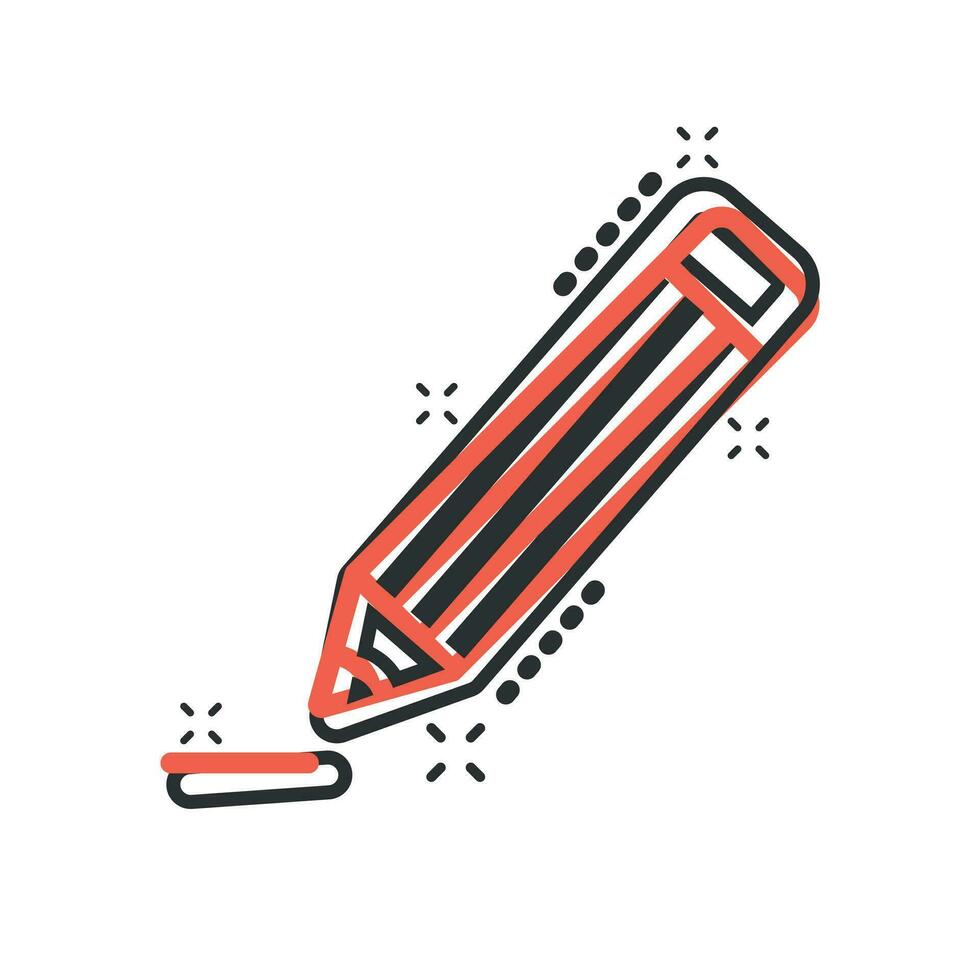 Pencil with rubber eraser icon in comic style. Highlighter vector cartoon illustration pictogram. Pencil business concept splash effect.