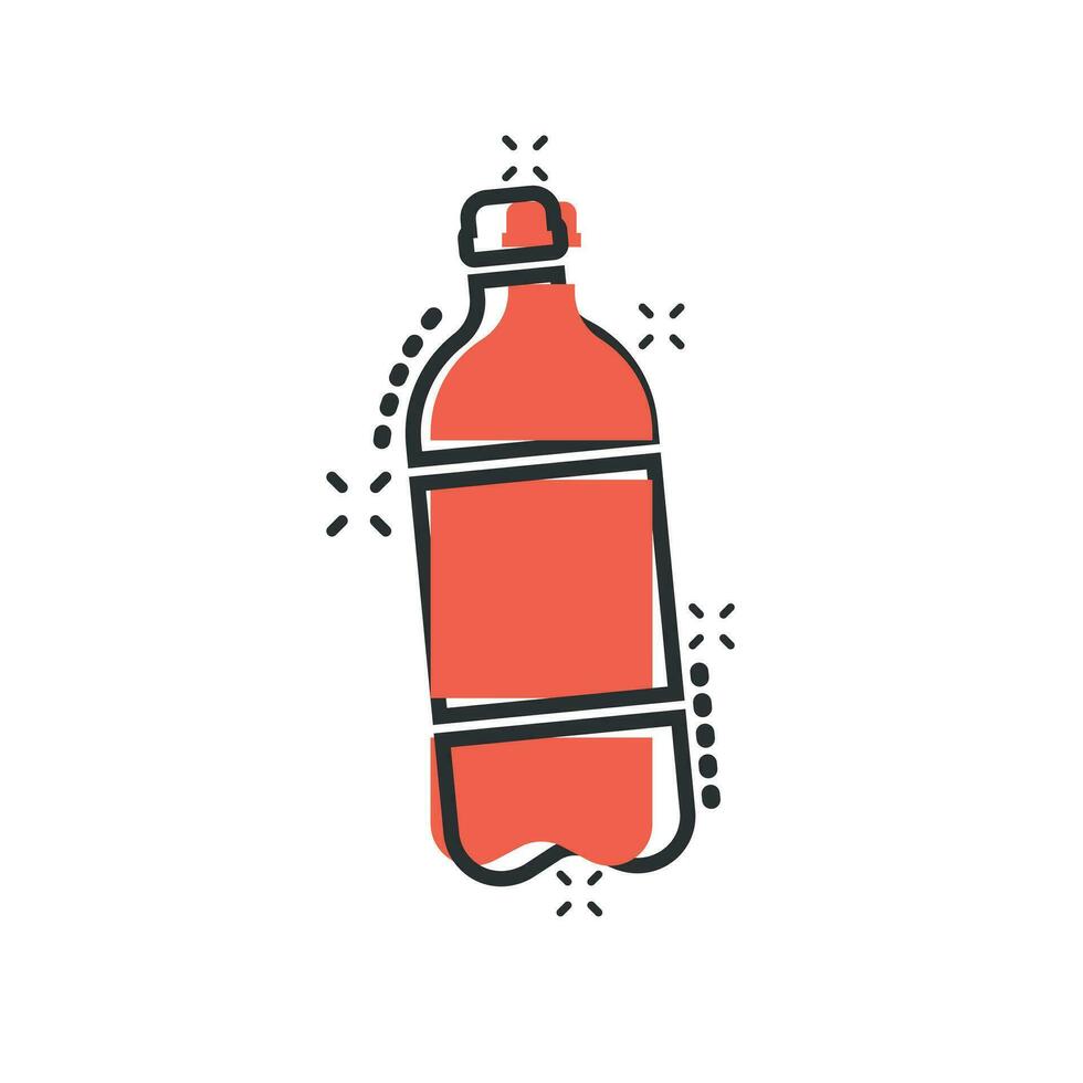 Water bottle icon in comic style. Plastic soda bottle vector cartoon illustration pictogram. Liquid water business concept splash effect.