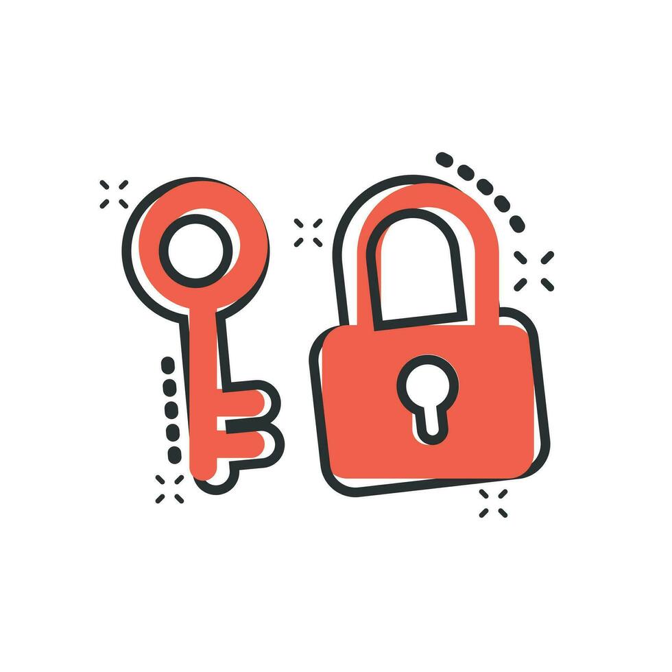 Key with padlock icon in comic style. Access login vector cartoon illustration pictogram. Lock keyhole business concept splash effect.