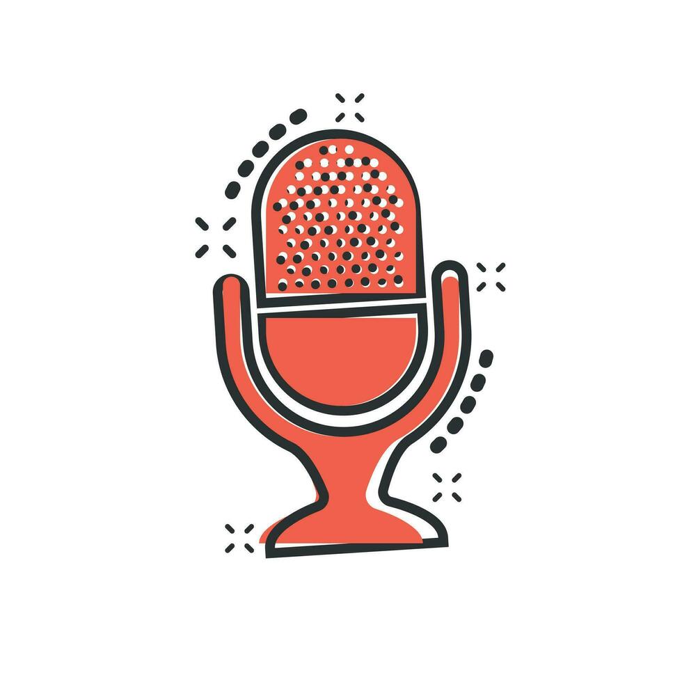 Microphone icon in comic style. Mic broadcast vector cartoon illustration pictogram. Microphone mike speech business concept splash effect.