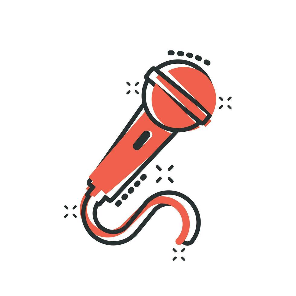 Microphone icon in comic style. Mic broadcast vector cartoon illustration pictogram. Microphone mike speech business concept splash effect.