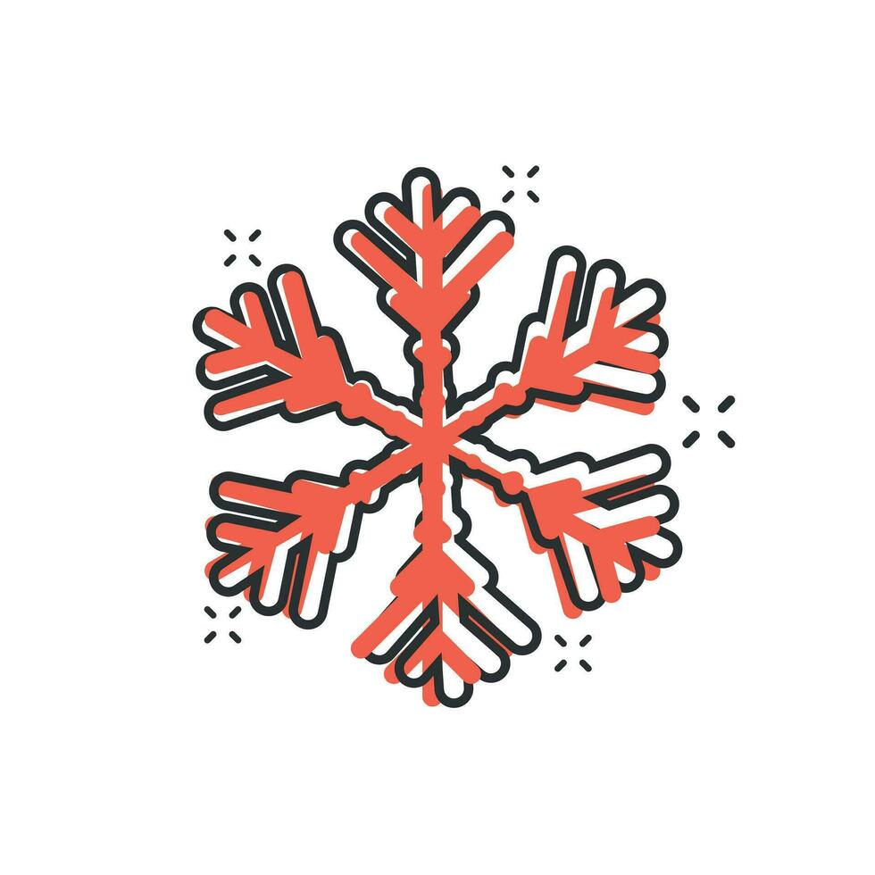 Snowflake icon in comic style. Snow flake winter vector cartoon illustration pictogram. Christmas snowfall ornament business concept splash effect.