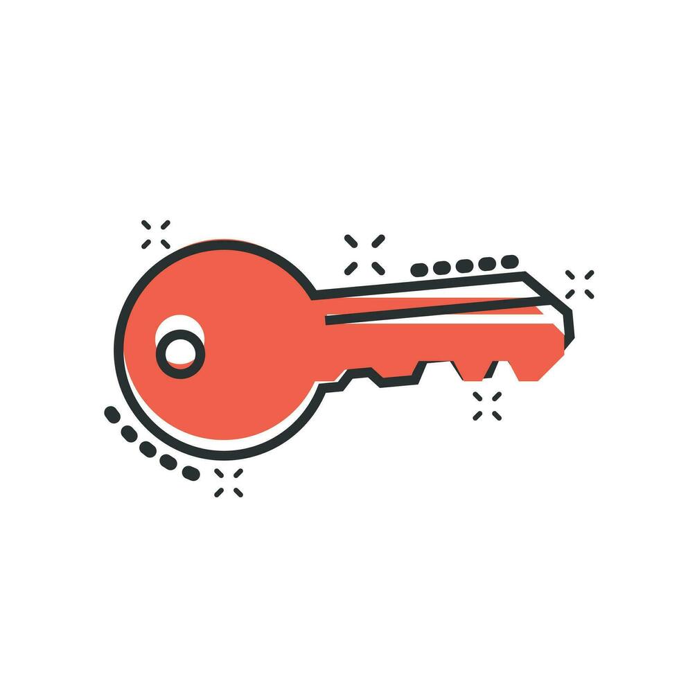 Key icon in comic style. Access login vector cartoon illustration pictogram. Password key business concept splash effect.