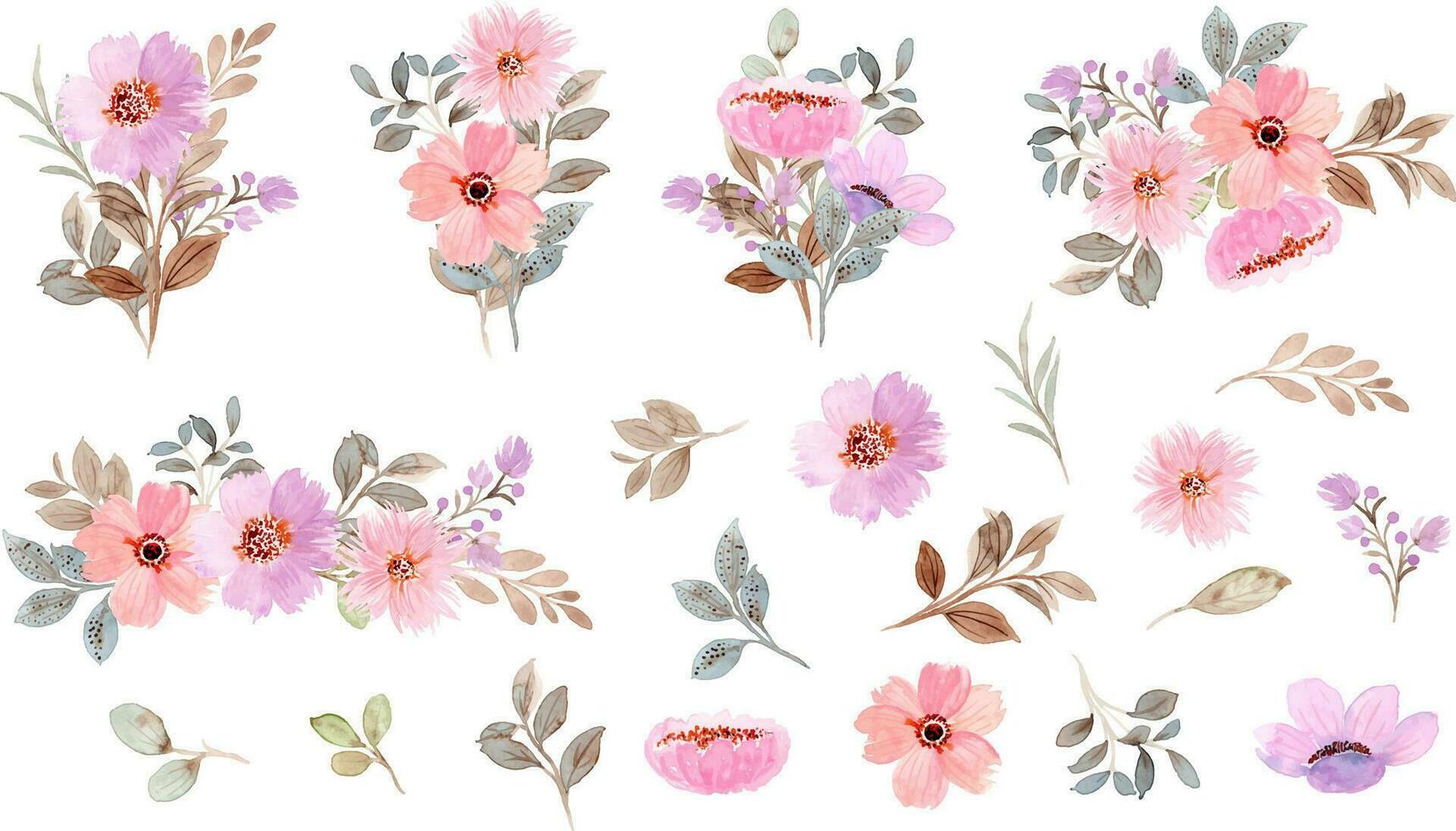 Watercolor pink floral elements and bouquet collection for background, wedding, fabric, textile, greeting, card, wallpaper, banner, sticker, decoration etc. vector