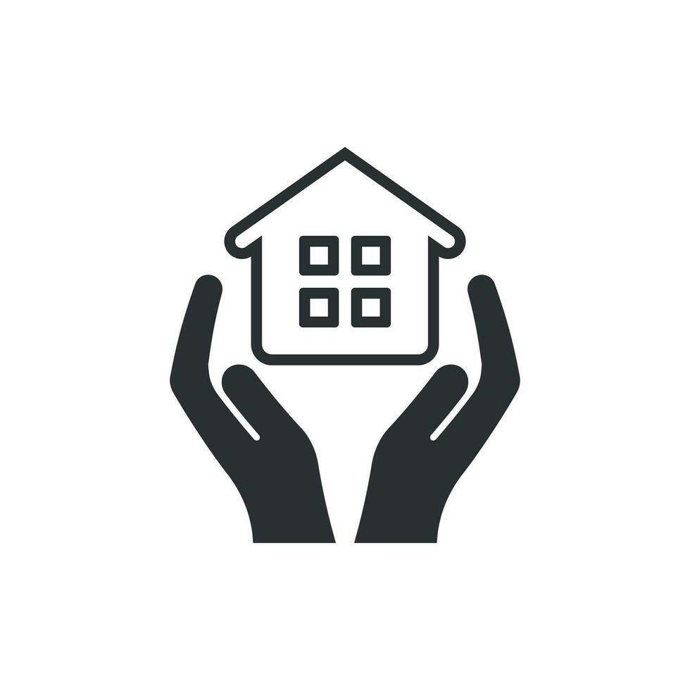 Home care icon in flat style. Hand hold house vector illustration on white isolated background. Building quality business concept.
