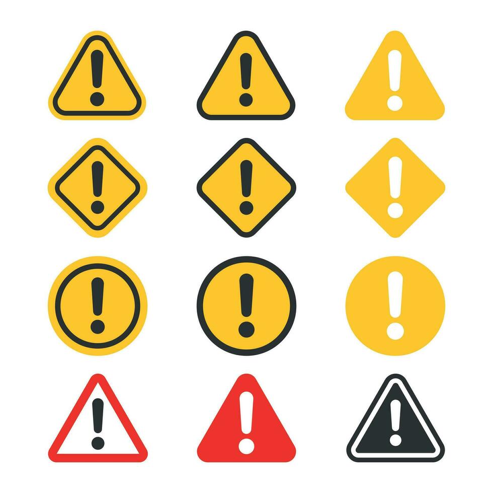 Exclamation mark set icons in flat style. Danger alarm collection vector illustration on white isolated background. Caution risk business concept.
