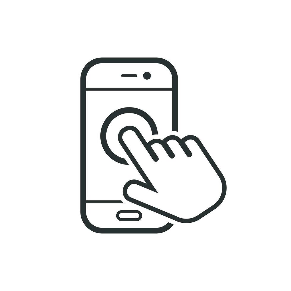 Hand touch smartphone icon in flat style. Phone finger vector illustration on white isolated background. Cursor touchscreen business concept.