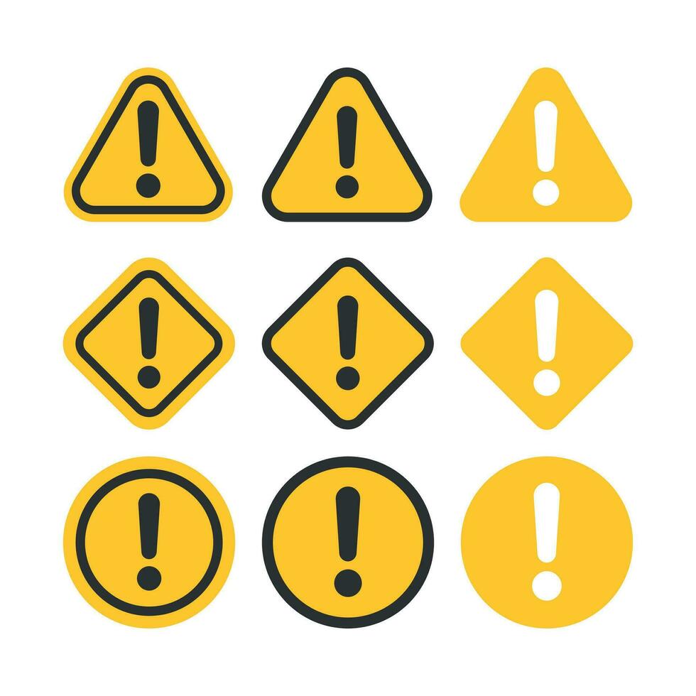 Exclamation mark set icons in flat style. Danger alarm collection vector illustration on white isolated background. Caution risk business concept.