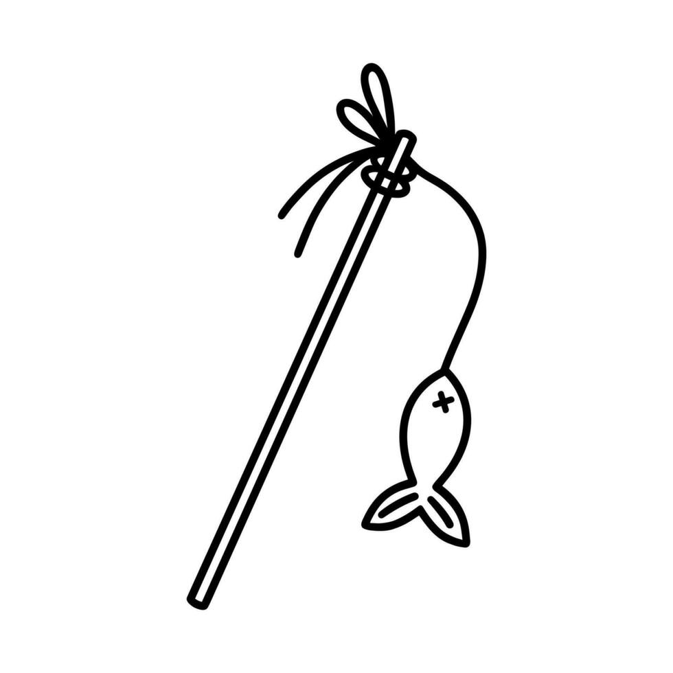 Cats teaser vector icon. Fishing rod toy for a kitten. The rag fish is tied to a stick, fun for pets. Accessory for playing with animals. Simple doodle, sketch. Black and white clipart for shop, print