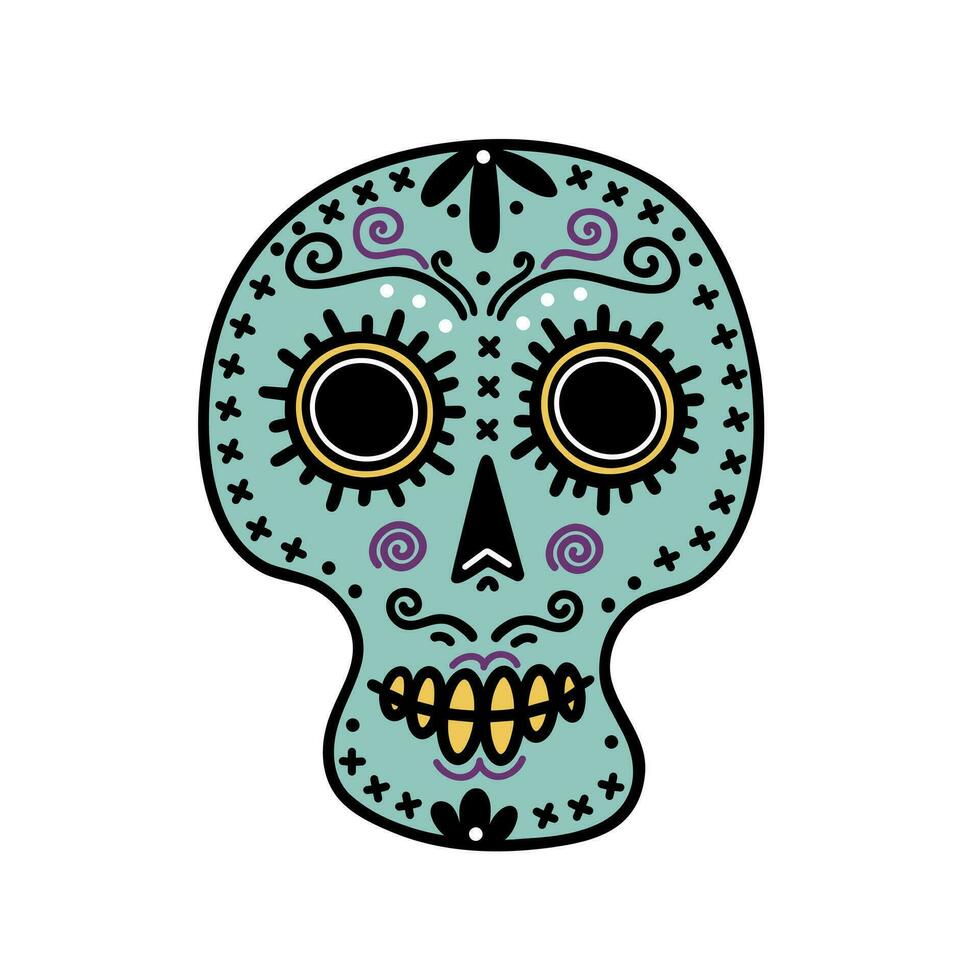 Funny sugar skull vector icon. Festive mask of a handsome Mexican man isolated on white. Sketch for the day of the dead, Dia de Muertos. Cartoon clipart, head with gold teeth. For posters, print, web