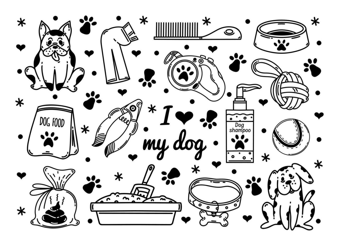 yo amor mi perro vector colocar. mascota accesorios - alimento, cuenco con pata, cuello, Correa, juguete, champú, cepillo de dientes. aseo y veterinario para un cachorro. sencillo garabatear. negro y blanco clipart para imprimir, carteles