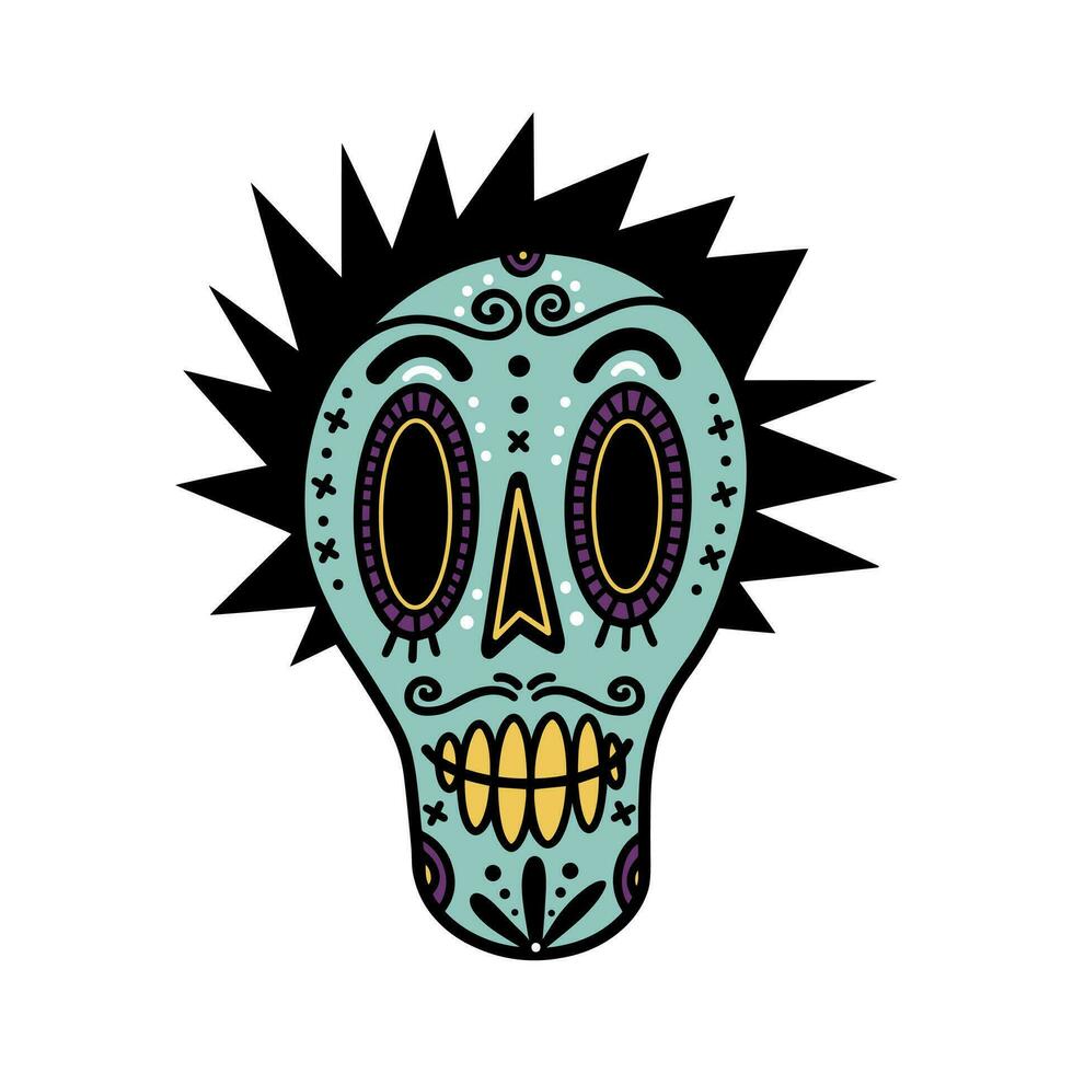 gracioso azúcar cráneo vector icono. festivo máscara de un mexicano punk con mohawk y oro dientes. bosquejo para el día de el muerto, dia Delaware muertos. aislado dibujos animados clipart, frio adolescente cabeza. para carteles, impresión