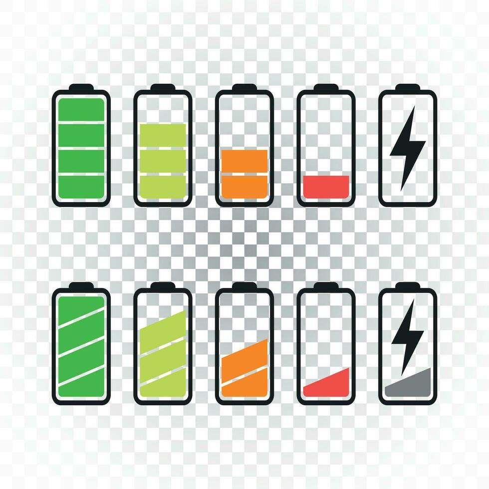 vector de icono de batería establecido en un fondo aislado. símbolos de nivel de carga de la batería, lleno y bajo. el grado de ilustración de vector plano de energía de la batería.