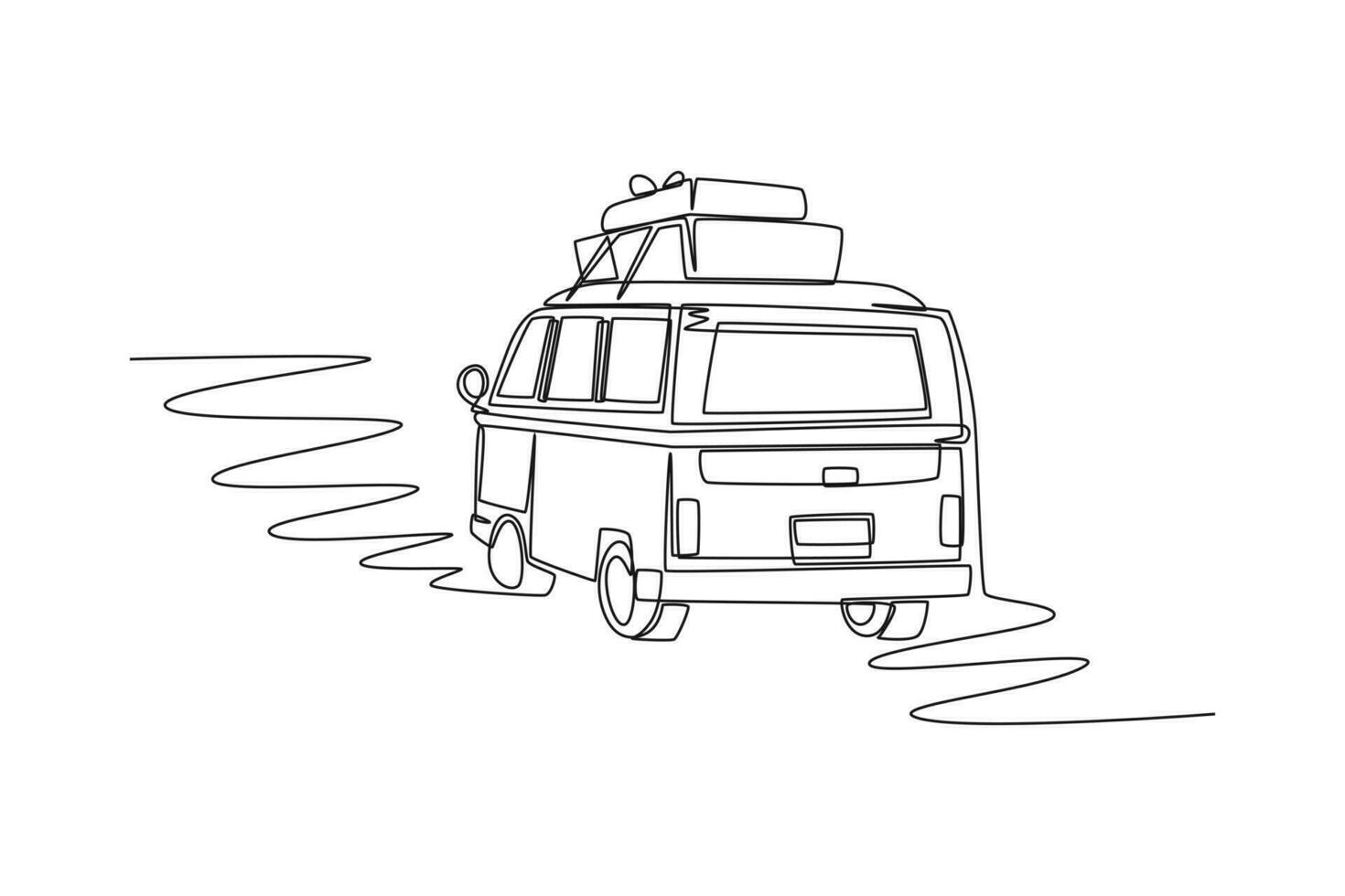 Continuous one line drawing road trip concept. Single line draw design vector graphic illustration.