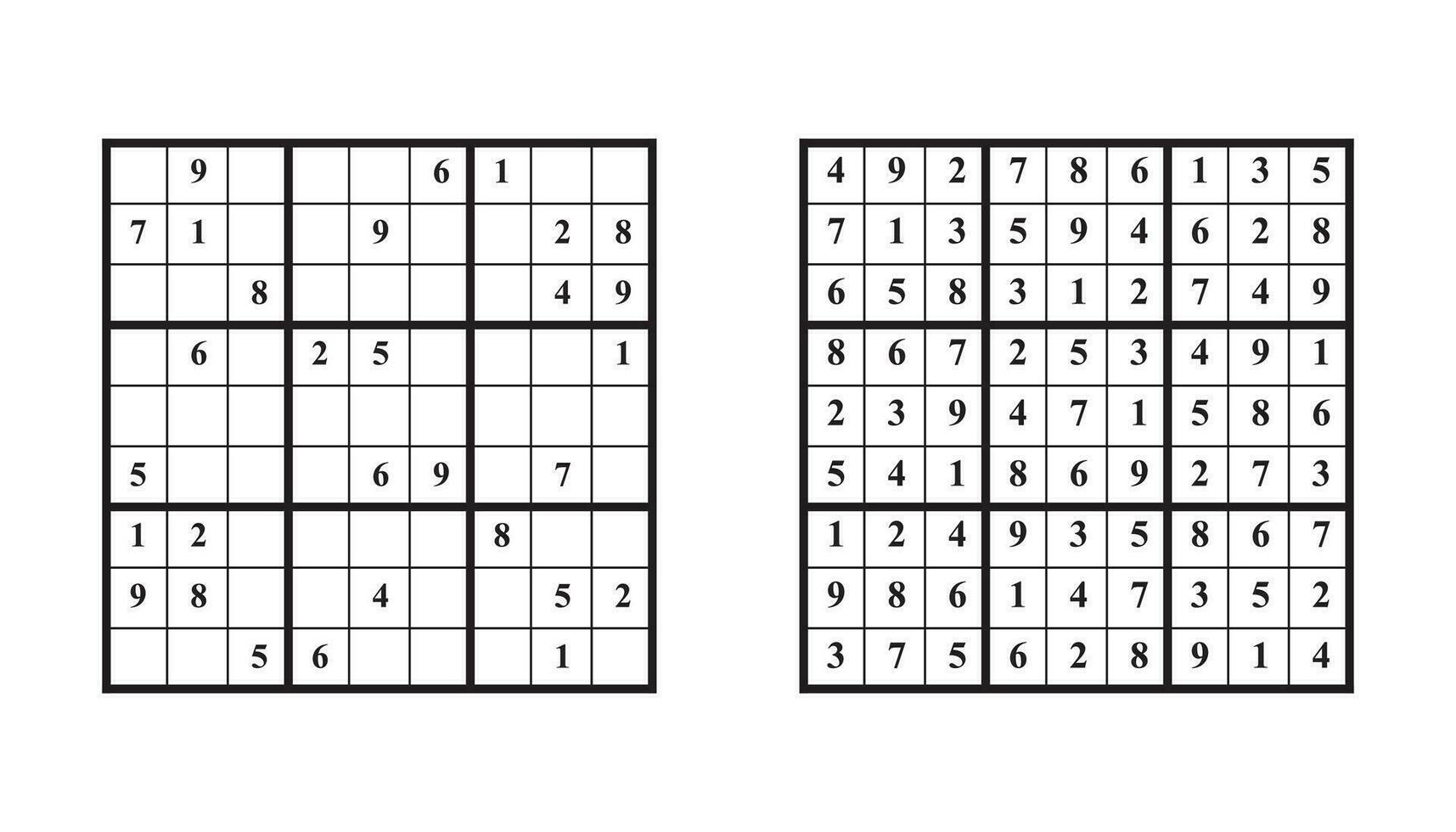 Sudoku game with answer. Vector puzzle game with numbers for kids and adults. Illustration on white background.