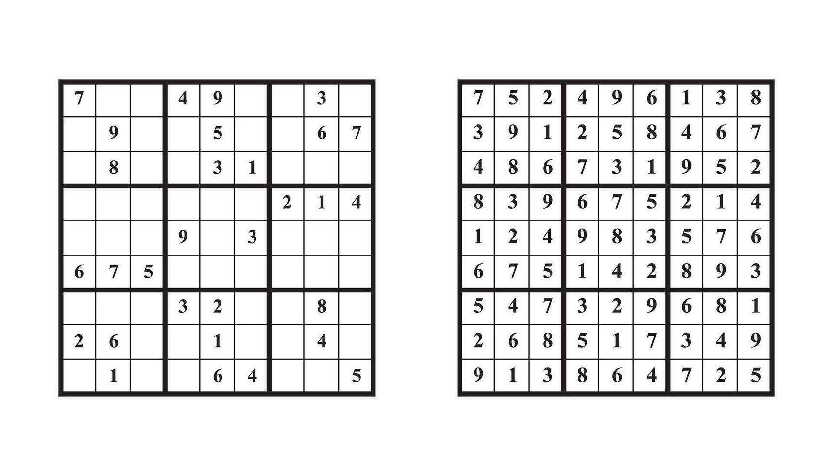 Sudoku game with answer. Vector puzzle game with numbers for kids and adults. Illustration on white background.