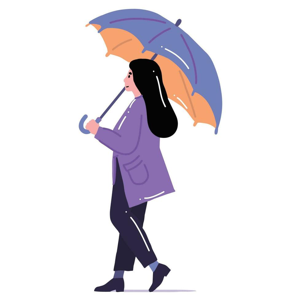 joven mujer caminando con paraguas en plano estilo aislado en antecedentes vector