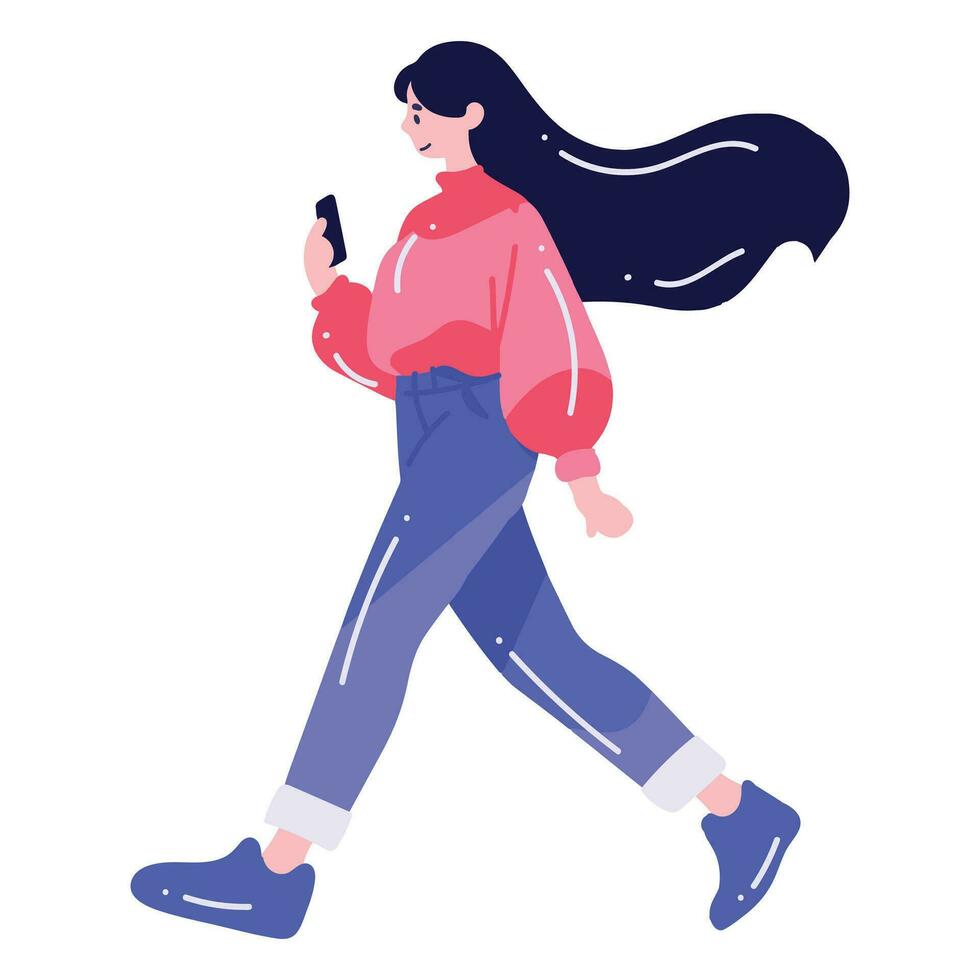 Adolescente mujer caminando o corriendo en plano estilo aislado en antecedentes vector