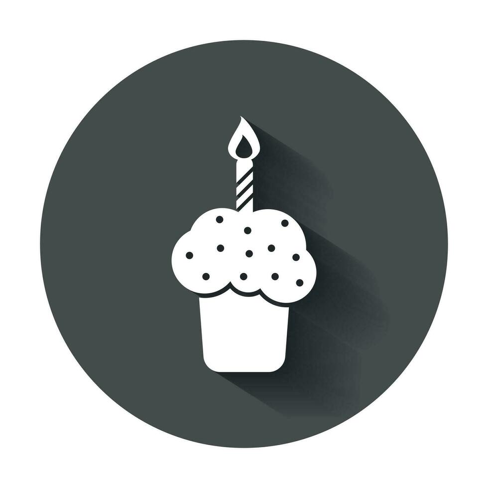 Birthday cake flat icon. Fresh pie muffin vector illustration in flat style with long shadow.