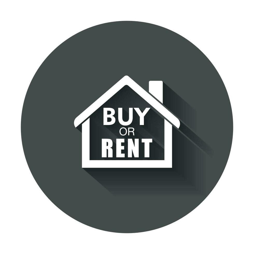 Buy or rent house. Home symbol with the question. Vector illustration with long shadow.