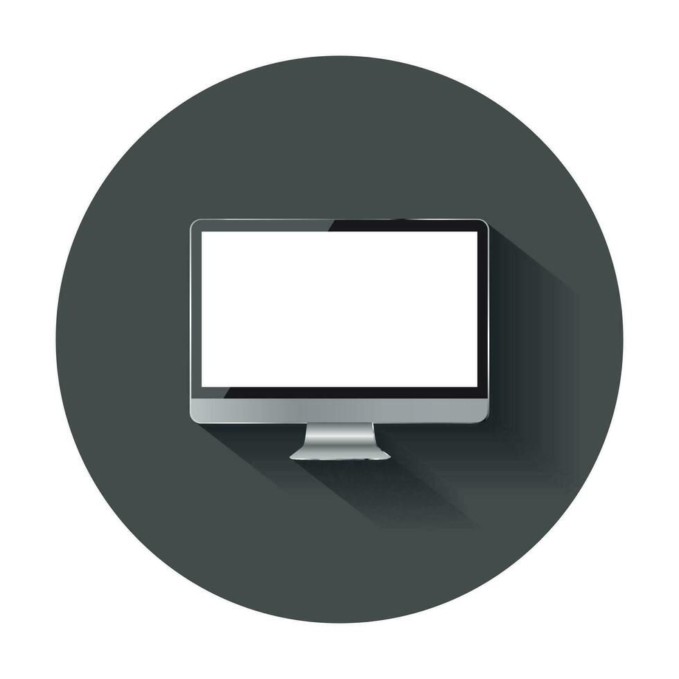 Desktop computer flat icon. Realistic vector illustration with long shadow.