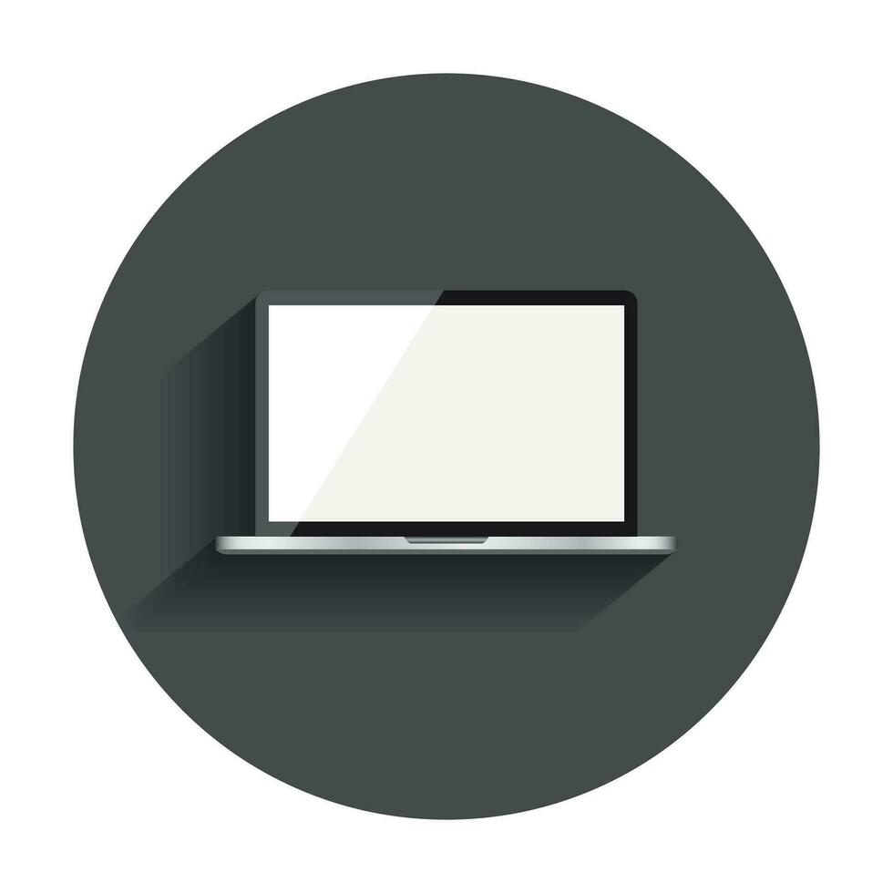 Laptop with white screen flat icon. Computer realistic vector illustration with long shadow.