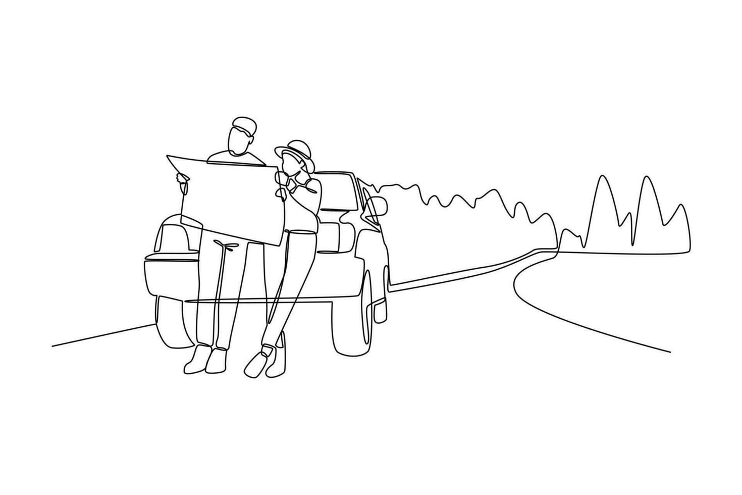 Continuous one line drawing road trip concept. Single line draw design vector graphic illustration.