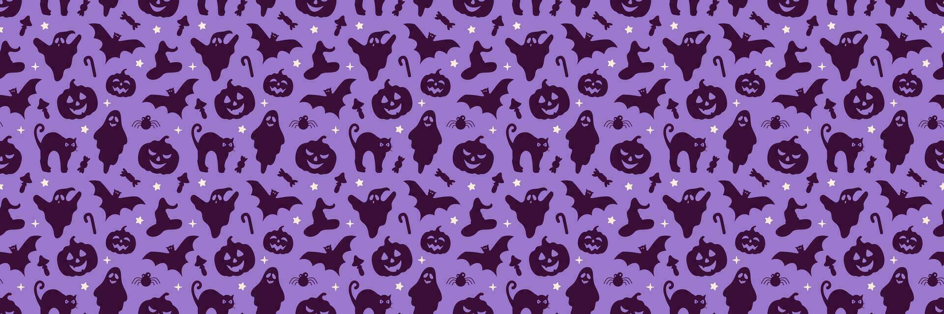 Halloween vector seamless pattern design with pumpkin, bat, cat and ghost